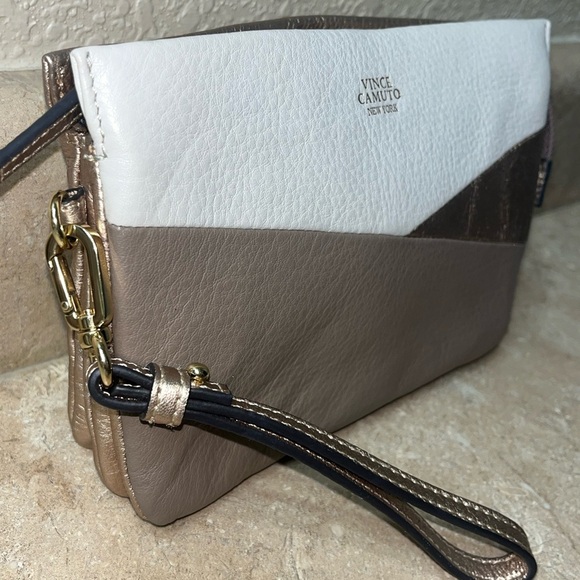Vince Camuto New York Tan and Gold Wristlet Clutch Modern Design - Picture 2 of 13